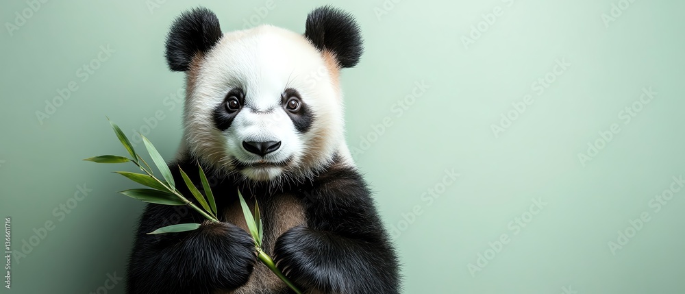 Fototapeta premium A panda holding bamboo against a pastel green background, looking curious
