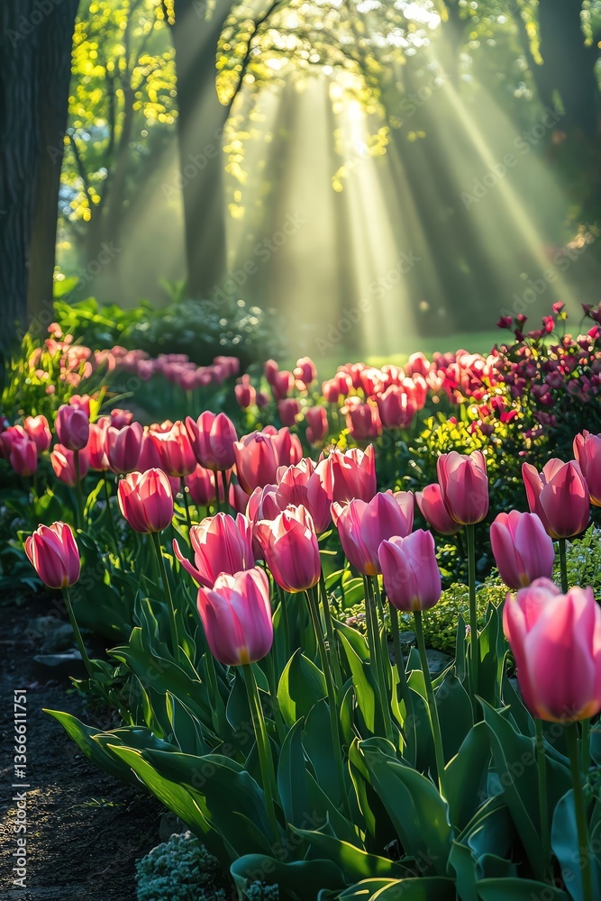 custom made wallpaper toronto digitalA picturesque garden with a vibrant tulip border, sun rays streaming through the trees