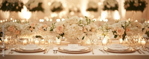 Elegant wedding reception table with floral centerpieces and candlelight ambiance