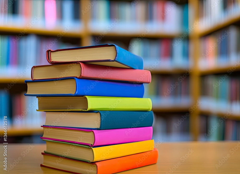 Stack of Colorful Books on Table in Library Study or Learning Stack of Colorful Books on Table in Library Study or Learning