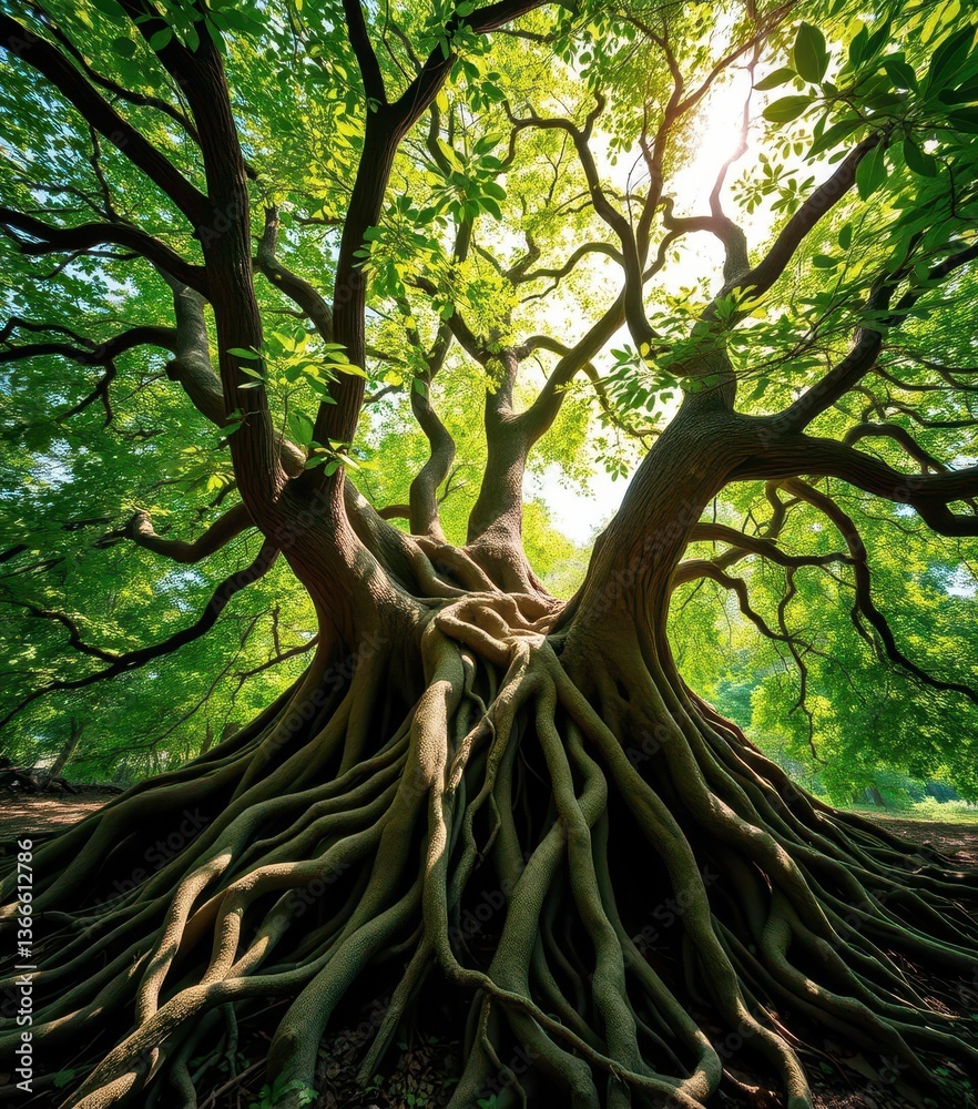 Intertwined roots of ancient trees, sunlight dappling leaves, strength, sunlight, organic