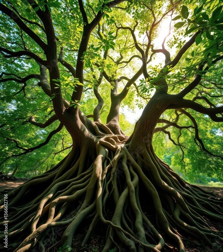 Obraz na płótnie Intertwined roots of ancient trees, sunlight dappling leaves, strength, sunlight, organic w salonie