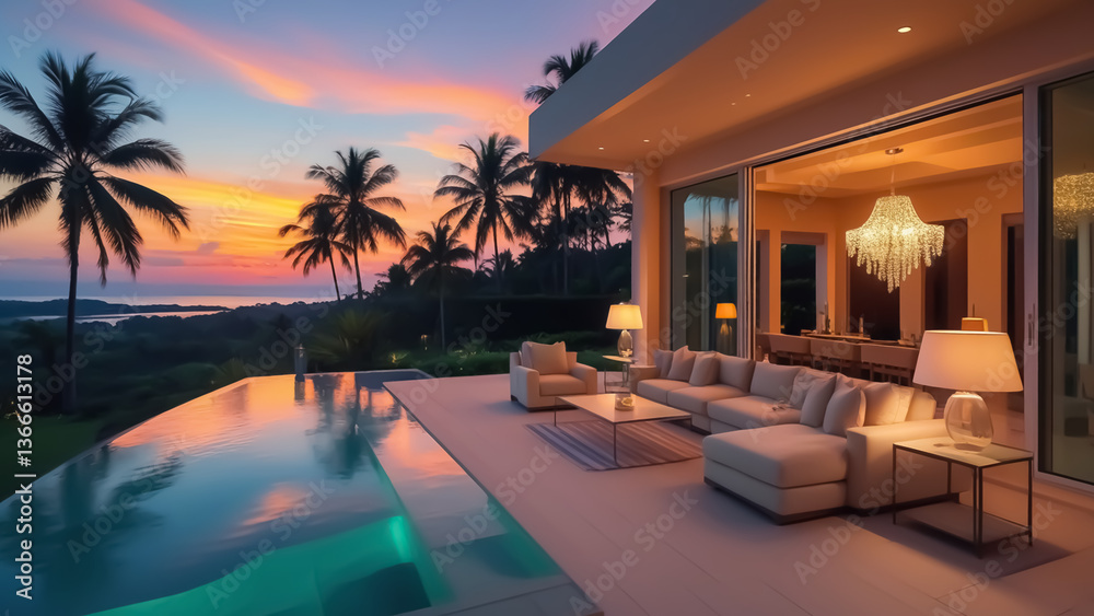 Fototapeta premium Tranquil Oasis: A Modern Open-Air Villa with a Pool, Palm Trees, and a Golden Sky