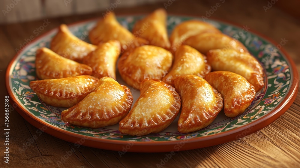 Golden baked empanadas on decorative plate - perfect snack for parties and gatherings Golden baked empanadas on decorative plate - perfect snack for parties and gatherings