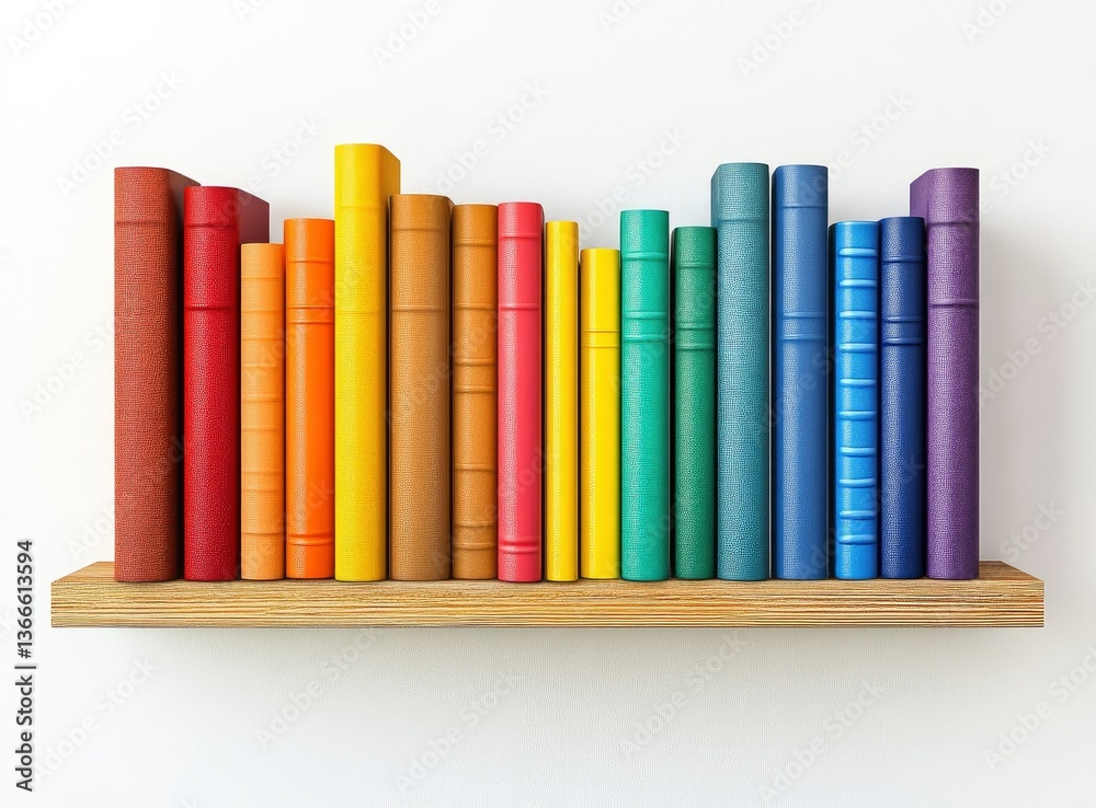 Naklejka premium Arrangement of Colorful Books on Wooden Shelf Against White Wall