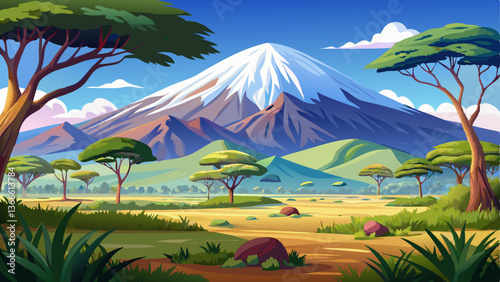 vector of serene view of Mount Kilimanjaro towering over lush green plains under a clear blue sky