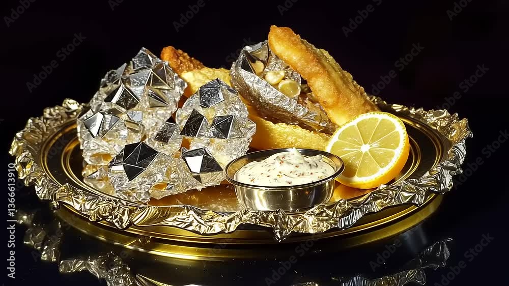 Gourmet dish featuring intricately plated seafood and sauces on an ornate silver platter Gourmet dish featuring intricately plated seafood and sauces on an ornate silver platter