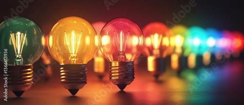 Row of light bulbs glowing in various colors, bright and creative display