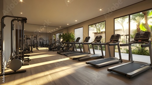 Modern gym interior with natural light illuminating exercise equipment and treadmills for an energizing workout experience