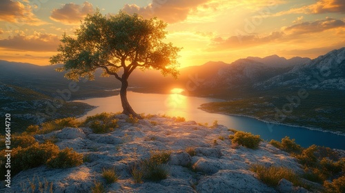 A tree on a hilltop during sunrise