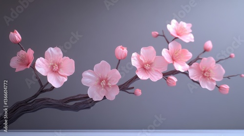 Elegant cherry blossom branch with delicate pink flowers on a soft gray background