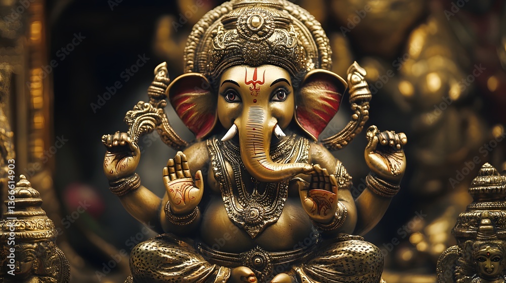 Fototapeta premium Golden Ganesha statue shines amidst intricate decorations in a vibrant temple setting during a festival celebration in India