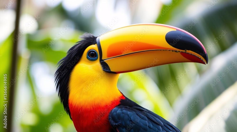 Fototapeta premium Vibrant Toucan in Tropical Setting - High-Resolution Stock Photo with Detailed Feathers and Rich Jewel-Toned Plumage