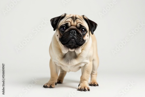 A solo pug, against pure white, showcasing its features, breed, white background, puppy