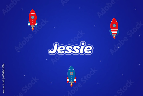 Quadro su tela Jessie male boy name illustration in blue with rockets.