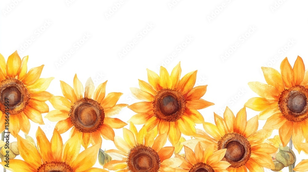 Naklejka premium Watercolor sunflowers border, floral design for background