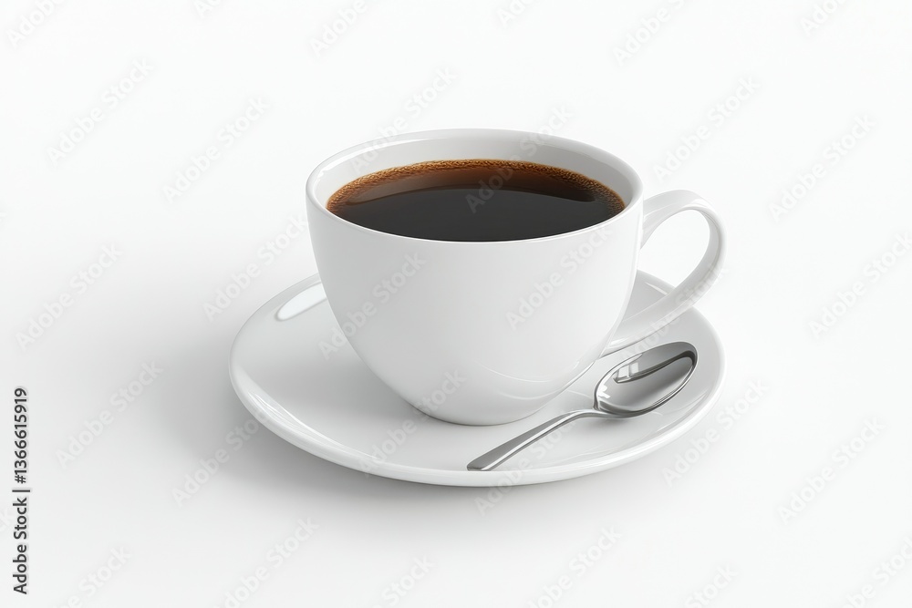 Serving Coffee in White Cup with Spoon on White Background Serving Coffee in White Cup with Spoon on White Background