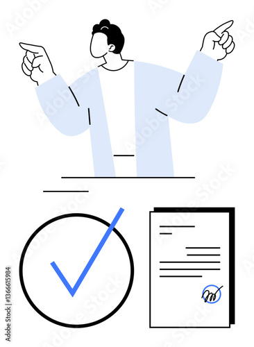 Person pointing with confidence above a signed document and a blue checkmark indicating approval. Ideal for trust, success, validation, agreement, assurance, certification, decision-making. Flat