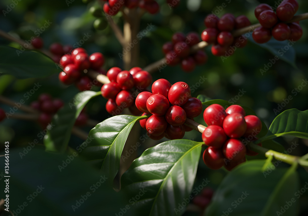Close-up of coffee cherries on the tree Close-up of coffee cherries on the tree