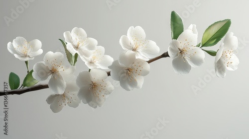 Elegant branch of white cherry blossoms against a soft gray background