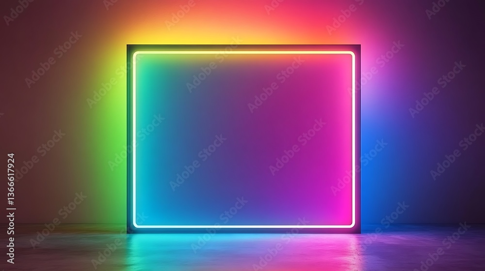 A Glowing Rectangular Neon Light With Colorful Reflections A Glowing Rectangular Neon Light With Colorful Reflections