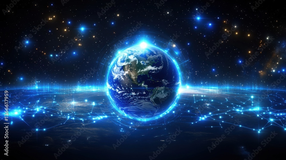 Obraz premium A blue planet with a bright light shining on it
