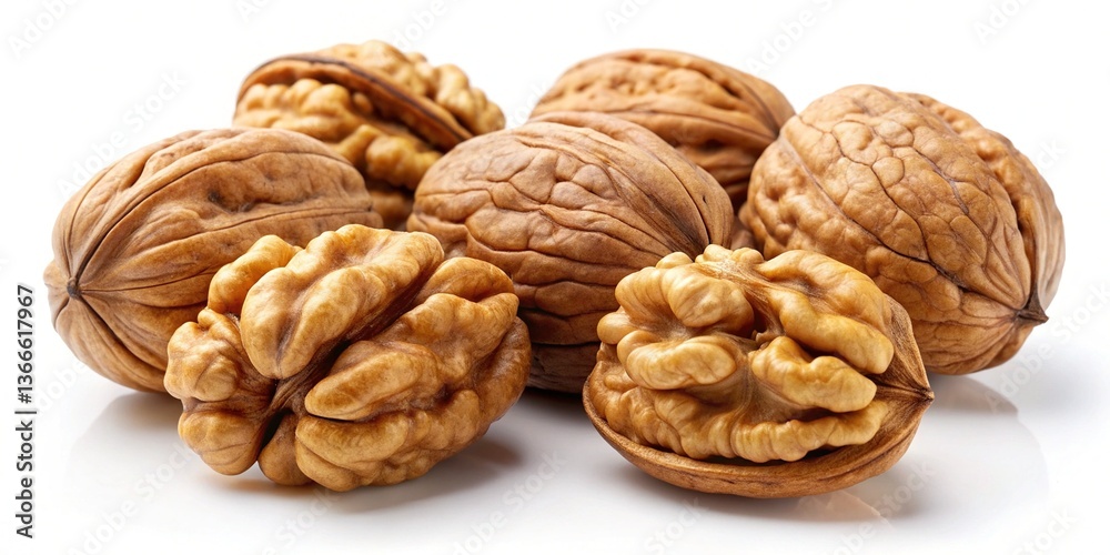 A Collection of Shelled and Unshelled Walnuts on White Background Showing Texture and Detail A Collection of Shelled and Unshelled Walnuts on White Background Showing Texture and Detail