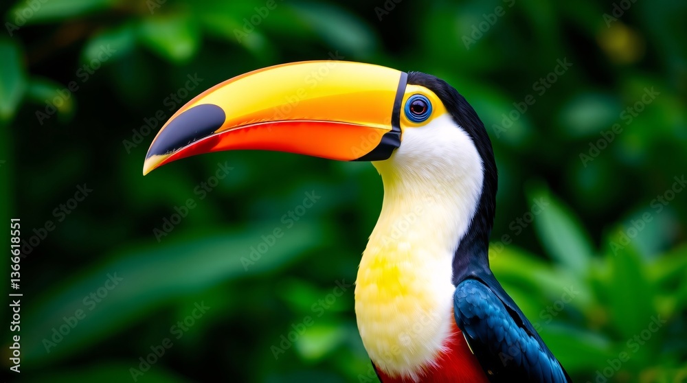 Vibrant Toucan in Profile Against Lush Green Background - High-Resolution Wildlife Stock Photo Vibrant Toucan in Profile Against Lush Green Background - High-Resolution Wildlife Stock Photo