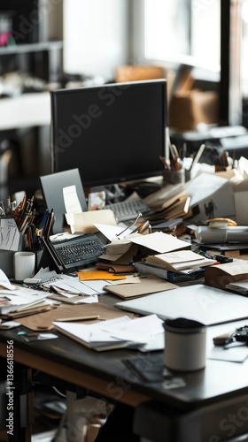 A cluttered office desk displaying many paper documents and office supplies