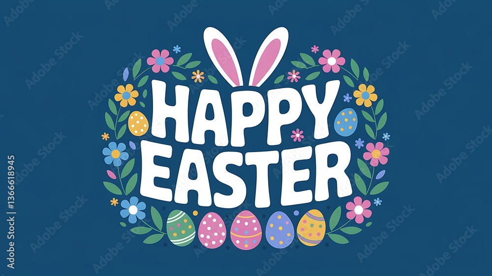 Fototapeta premium Happy Easter Typography with Cute Bunny Ears Colorful Eggs Floral Wreath and Delicate Spring Leaves on a Dark Teal Background for Festive Greeting Cards Posters and Seasonal Designs. Easter Holiday
