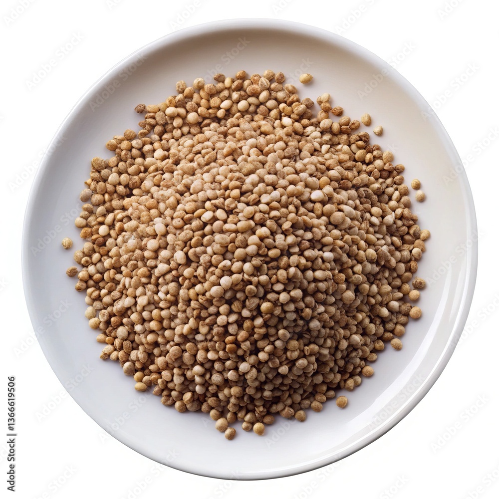 A Heap of Roasted Quinoa Seeds on a White Plate Overhead Shot A Heap of Roasted Quinoa Seeds on a White Plate Overhead Shot
