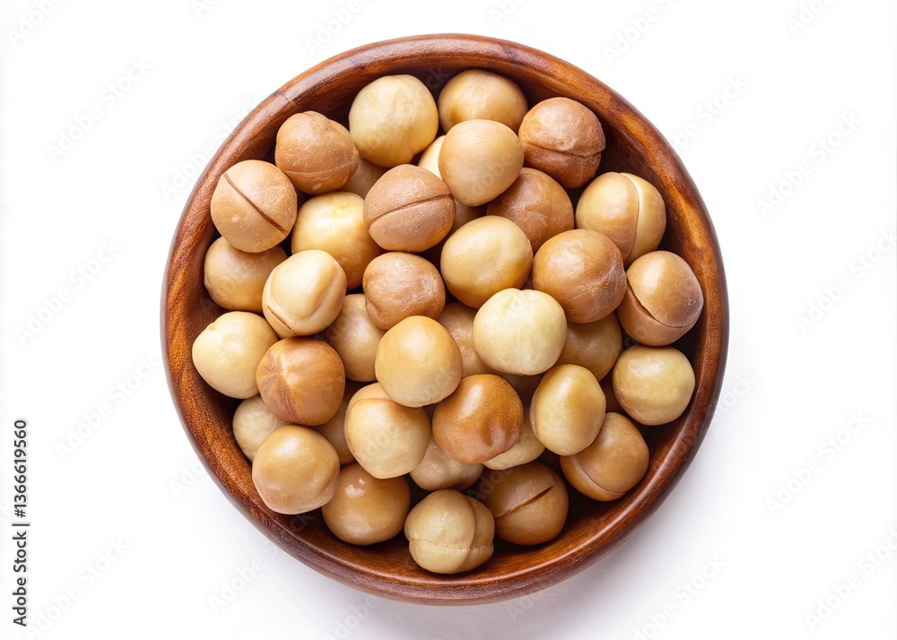 A Wooden Bowl Filled with Roasted Macadamia Nuts on White Background A Wooden Bowl Filled with Roasted Macadamia Nuts on White Background