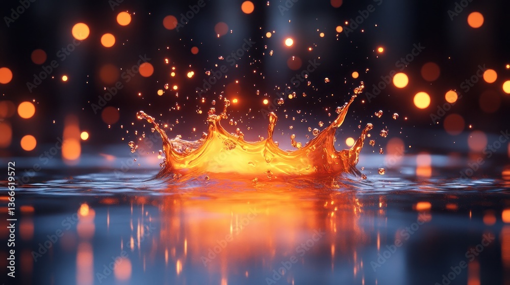 Obraz premium Liquid Light Symphony: A Captivating Water Drop Splash Illuminated by Warm Lights