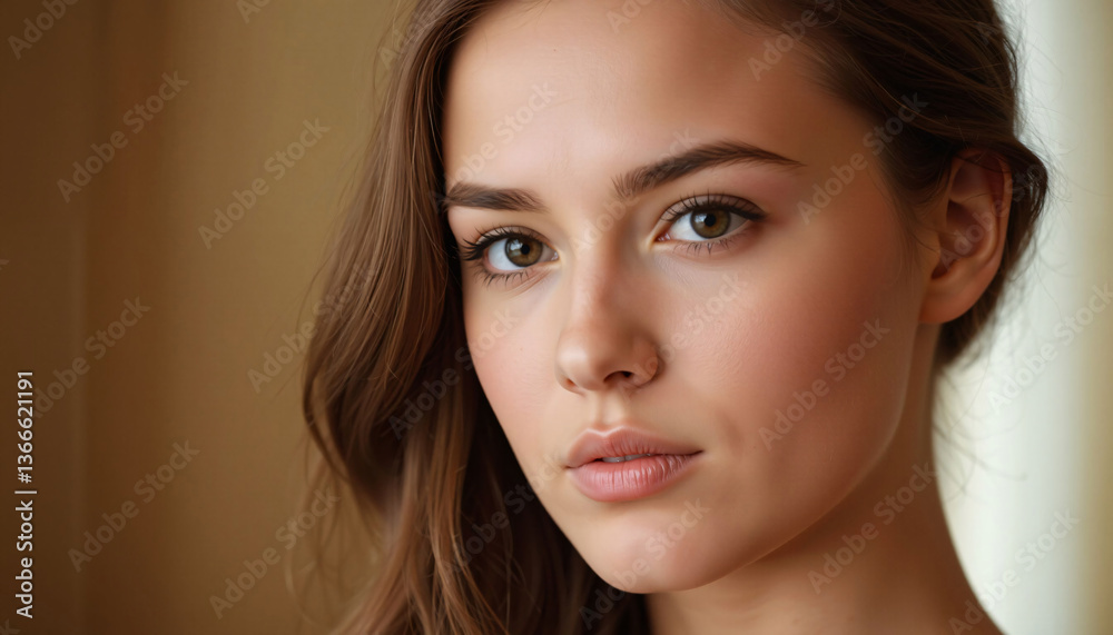 Young Woman with Brown Hair, Close-up Portrait