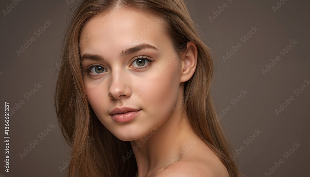 Naklejka premium Young Woman with Brown Hair, Close-up Portrait