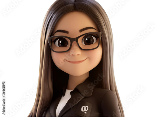 3D Cartoon Portrait Of A Smiling Brunette Woman Wearing Glasses Isolated