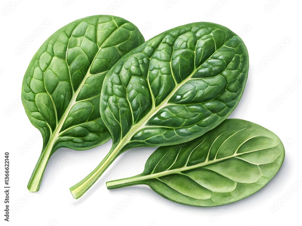 Fototapeta premium Lush vibrant spinach leaves showcasing their rich green color and detailed textures with a bright white background.