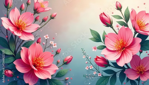 Continuous blooming floral motif, soft color palette , print, vine