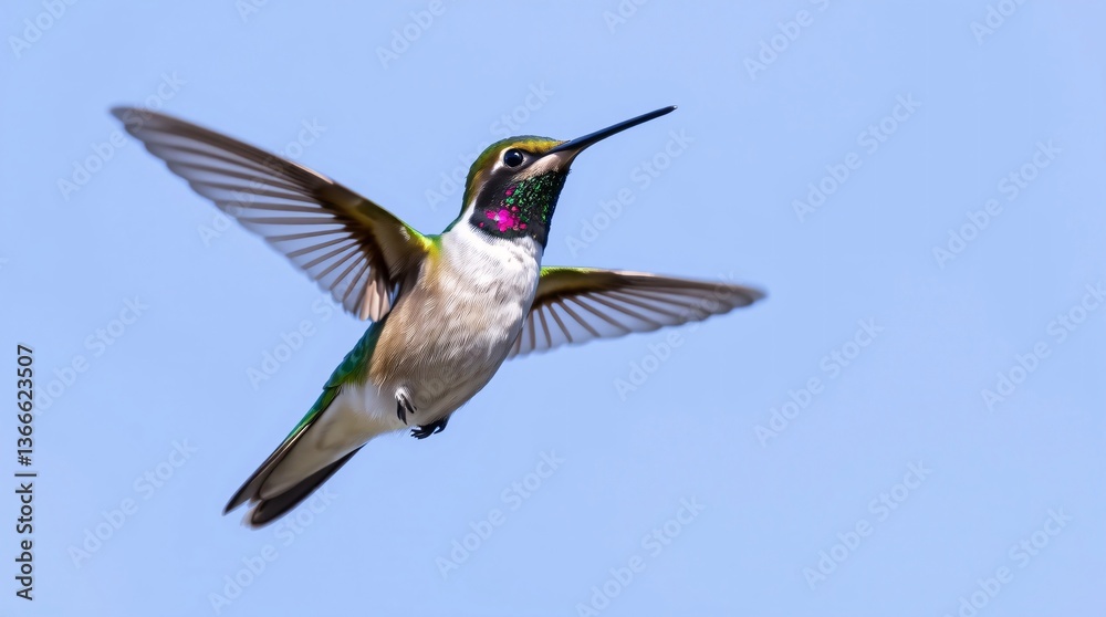 Fototapeta premium Vibrant Hummingbird Hovering Against Clear Blue Sky – High-Resolution Stock Photo