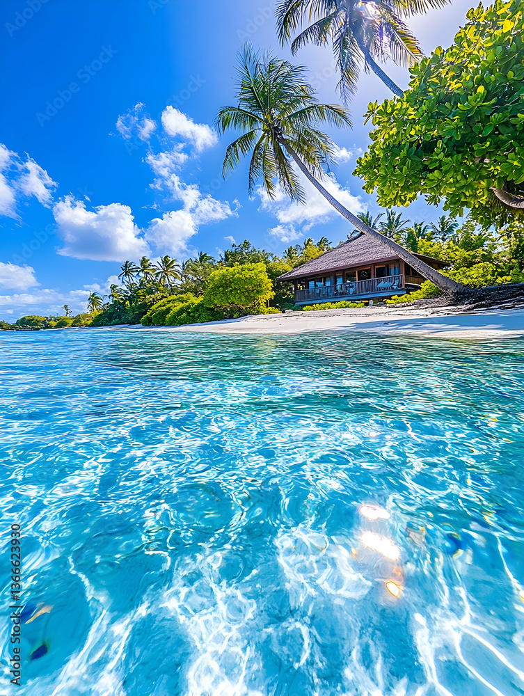 Obraz premium Idyllic tropical beach bungalow with crystal-clear turquoise water