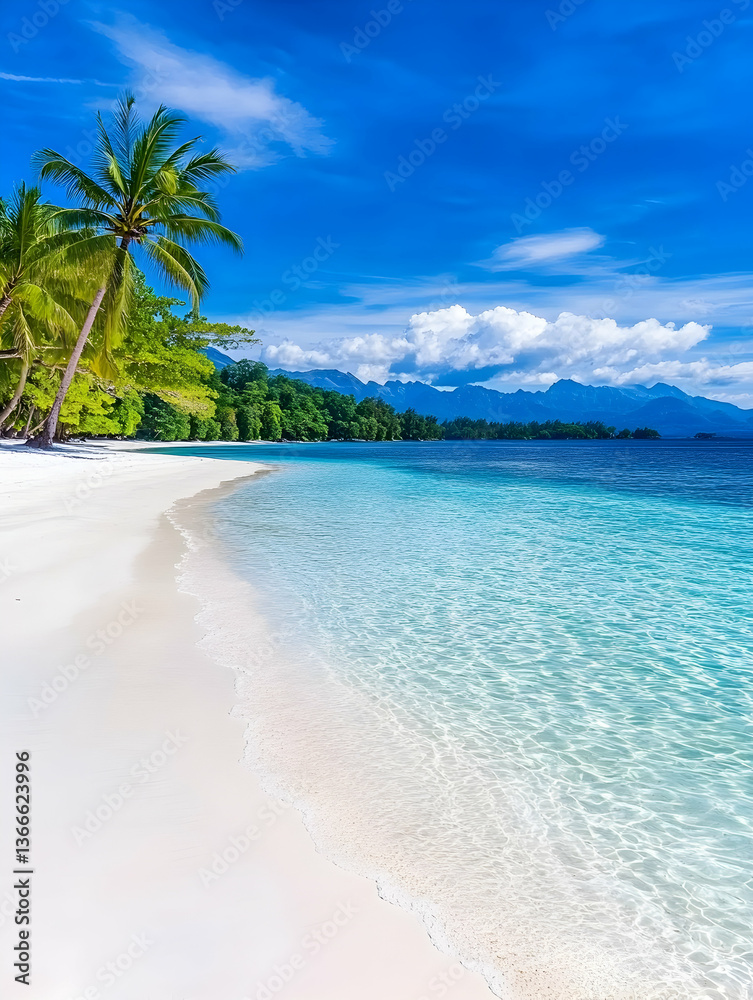 Fototapeta premium Idyllic tropical beach with white sand, turquoise water, palm trees, and mountains in the background