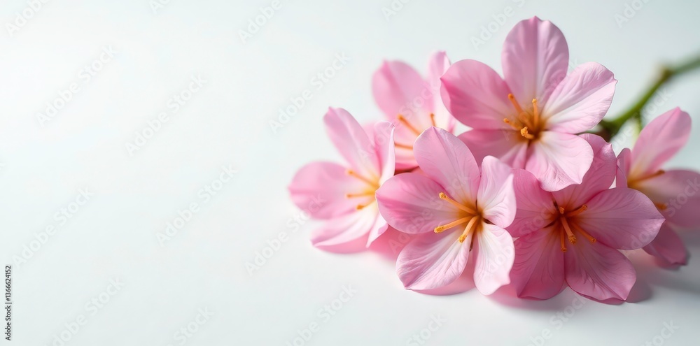 Fototapeta premium Delicate flower blooms on crisp white surface, botanical, delicate, closeup