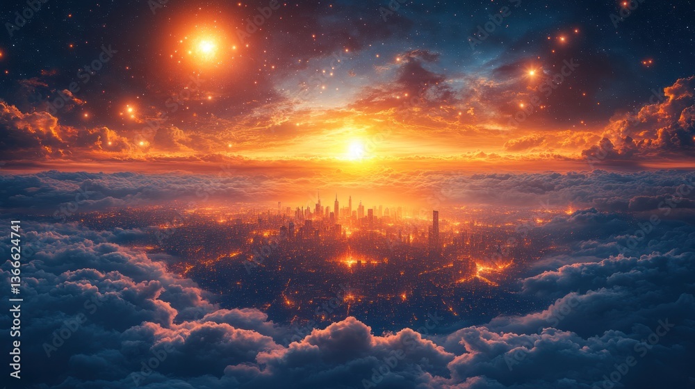 Fototapeta premium Celestial Cityscape: A breathtaking view of a futuristic metropolis nestled amongst clouds, bathed in the warm glow of a vibrant sunset and surrounded by a starry night sky.