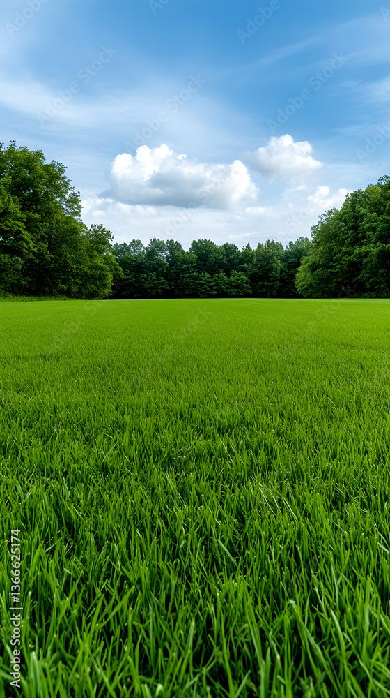 Fototapeta premium Lush green field under a vibrant blue sky with fluffy clouds and distant trees