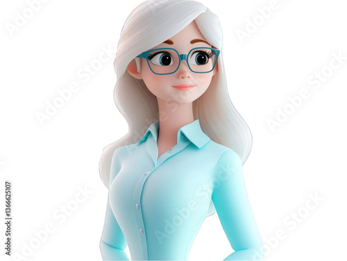 3D Illustration of a Blonde Woman in Glasses and a Light Blue Shirt
