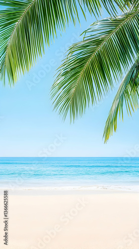 Lush palm fronds frame a tranquil beach scene with a clear blue sky and ocean