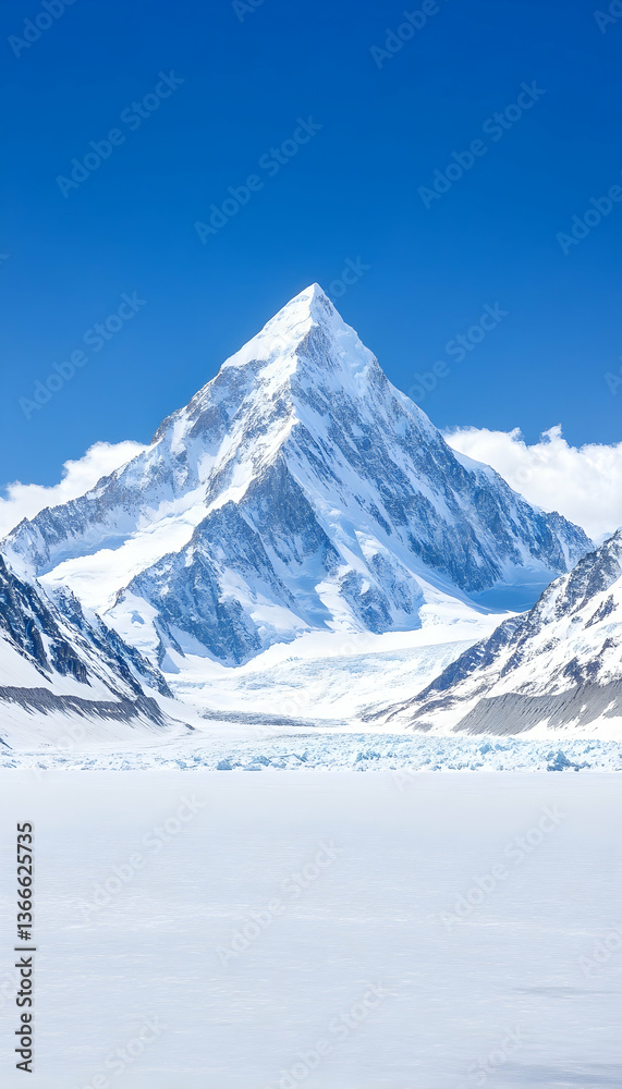 Fototapeta premium Majestic snow-capped peak rises above a glacial lake under a vibrant blue sky