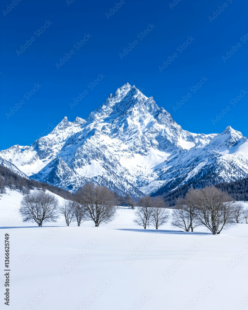 Fototapeta premium Majestic snow-capped peak rises above a serene winter valley