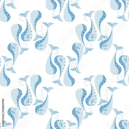 Seamless pattern with blue flowers and leaves, Indian tradition.