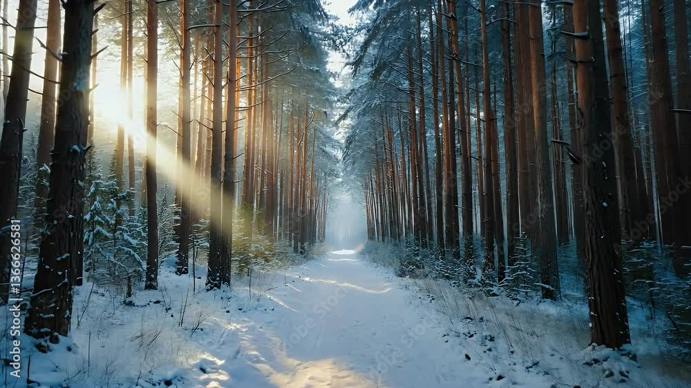 A serene winter forest with snow-covered paths, sunlight streaming through tall pine trees.